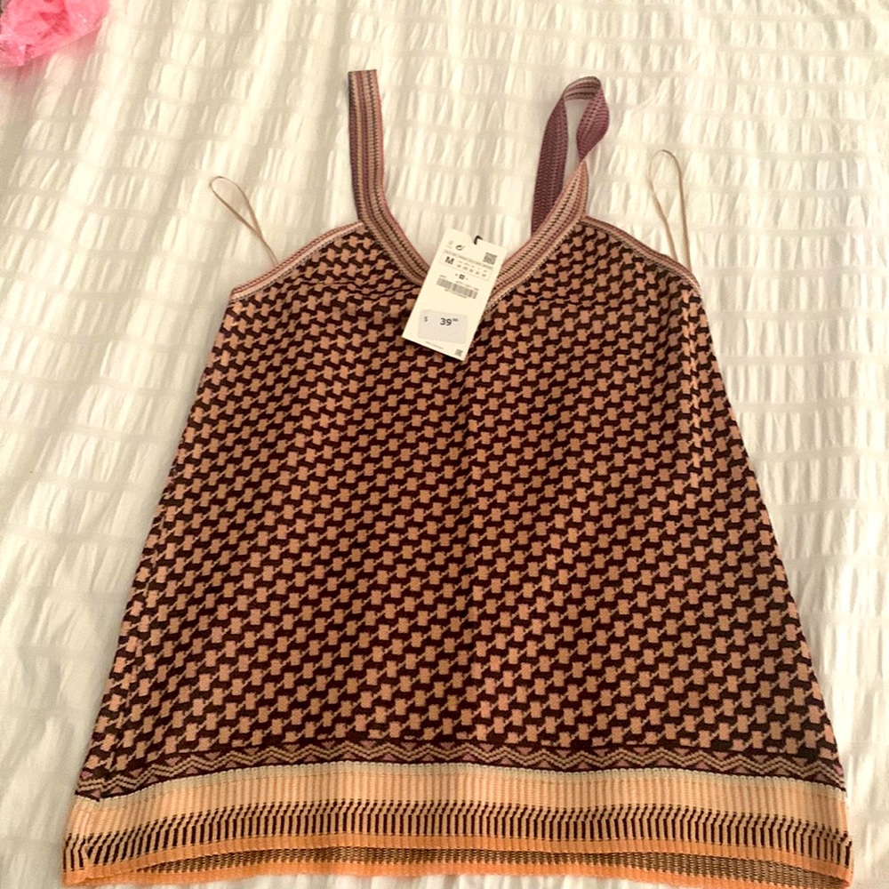 Zara Pink and Brown Patterned Knit Tank